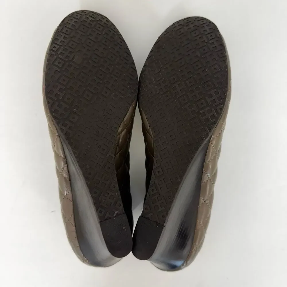 Tory Burch Quinn Quilted Leather Wedge Pumps Shoes Dark Taupe 10M Double T Logo
